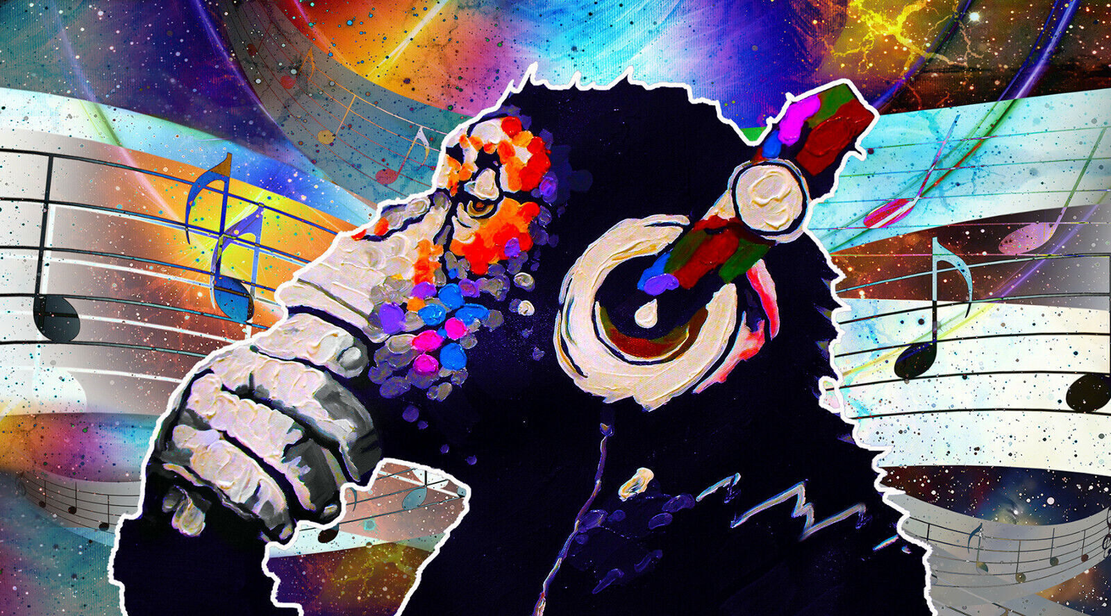 Abstract DJ Music Monkey with headphones Canvas Wall Art Print Picture