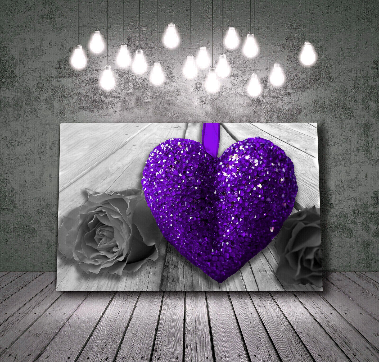 Purple Sparkle Heart & Rose Flower on grey wood Canvas Wall Art Picture Print