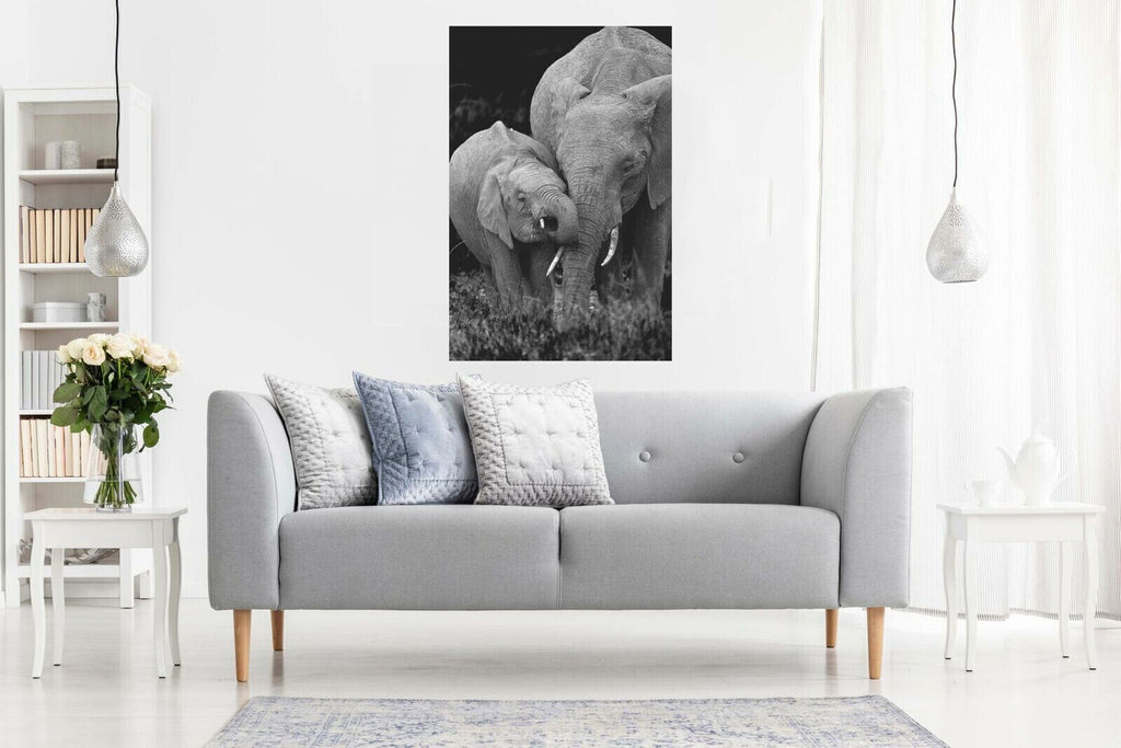 Elephants - Mum And Baby, Black And White Canvas Wall Art Picture Print