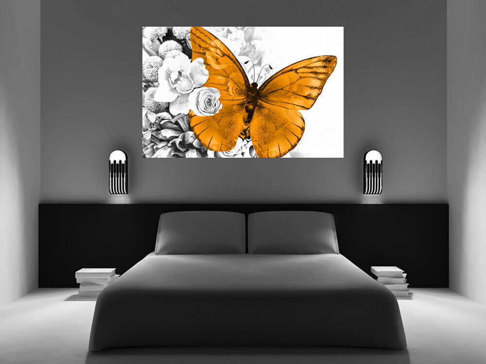 Orange butterfly grey floral abstract background Canvas Wall Art Picture Print