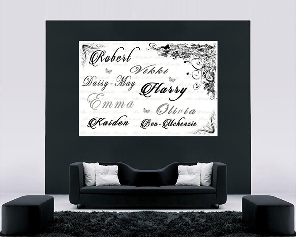Your Family Names - Black, Grey & White Canvas Wall Art Picture Print- ALL SIZES