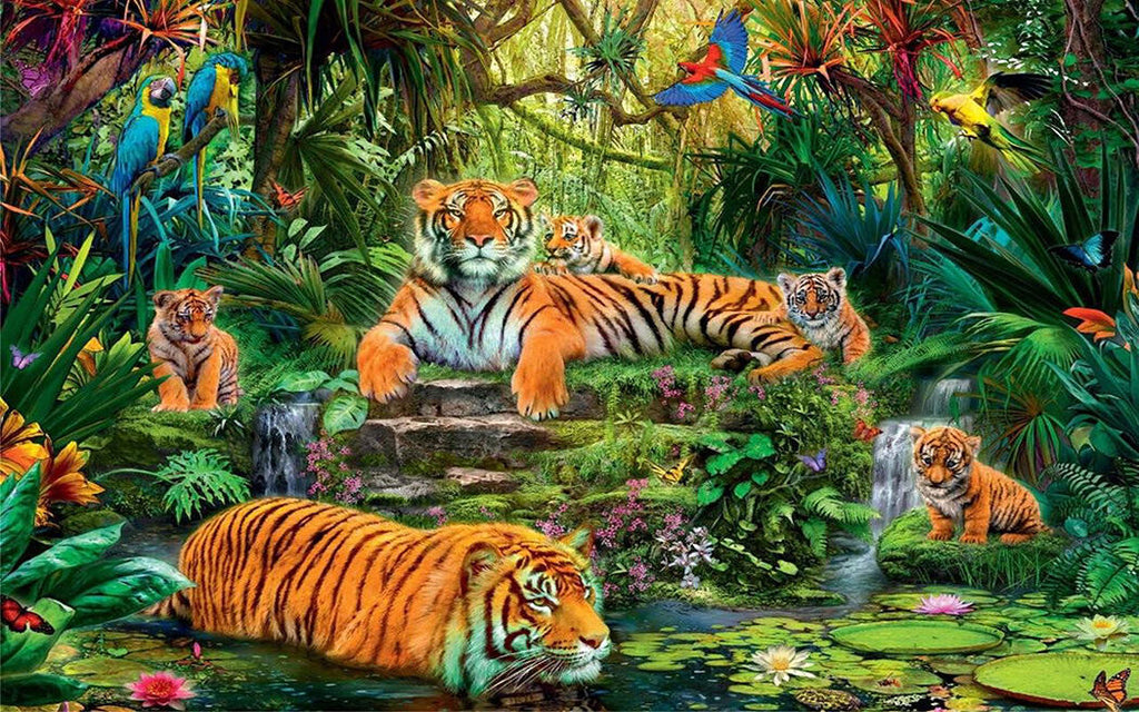 Colourful Tigers Wildlife in Jungle Canvas Wall Art Picture Print -Various Sizes