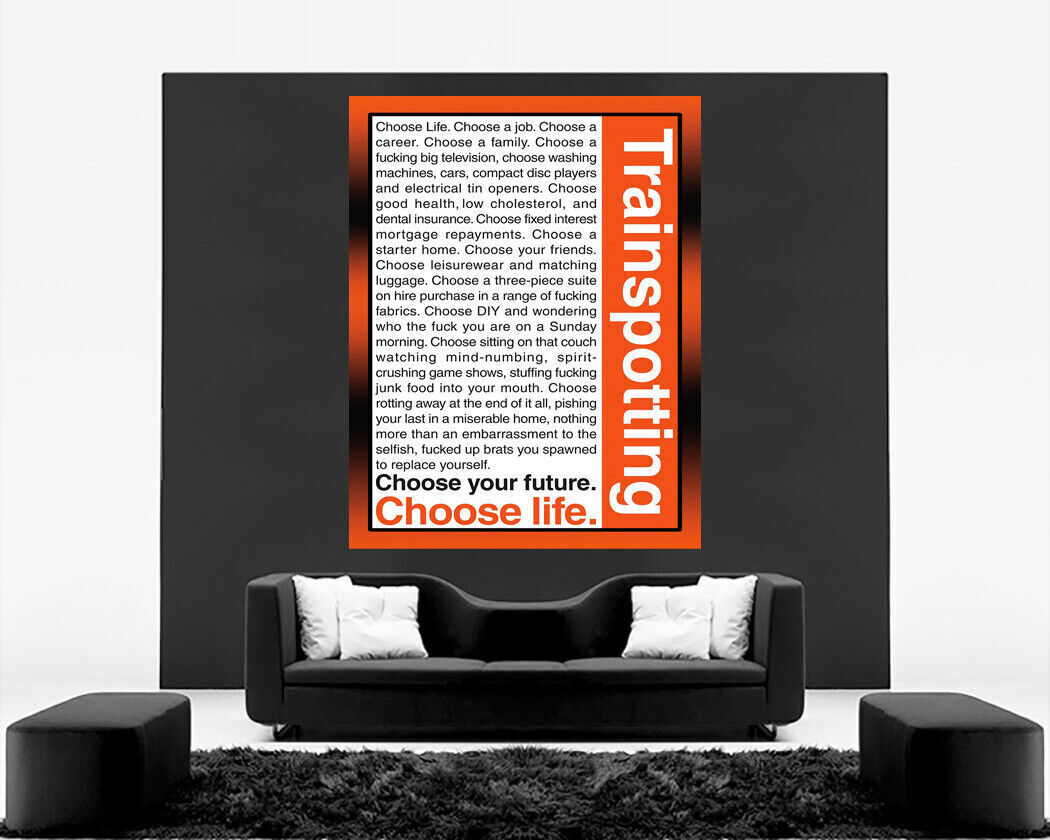 Trainspotting Choose Life Quote Canvas Wall Art Picture Print - Orange & Black