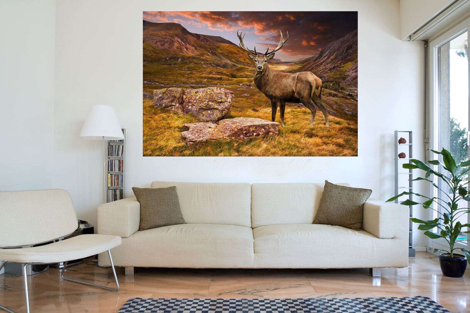 Red deer stag in moody mountain sunset landscape Canvas Wall Art Picture Print