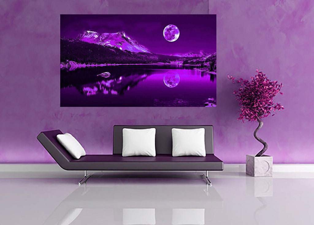 Purple Plum Moonlit Lake Cotton Canvas Wall Art Picture Print - A1, A2 sizes