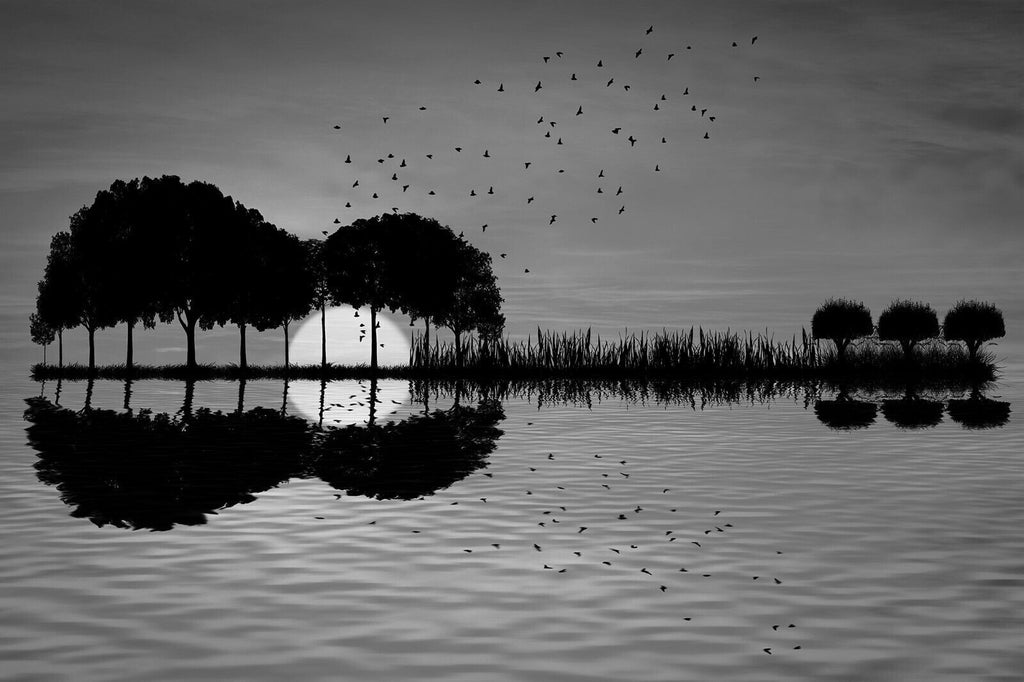 Black & White Guitar Island Sunset Seascape CANVAS WALL ART Picture Print