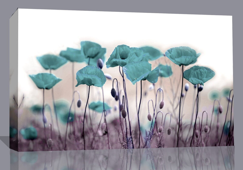 Abstract Duck Egg Blue Poppies Flowers CANVAS WALL ART Picture Print