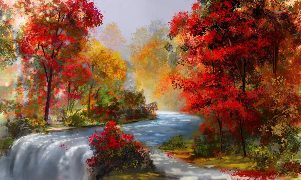 Forest River in Autumn landscape Premium Cotton Canvas Wall Art Picture Print