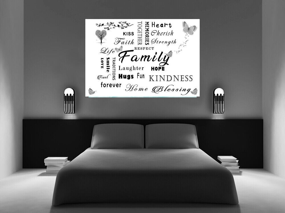 FAMILY QUOTE WORDS BLACK WHITE GREY BUTTERFLY CANVAS WALL ART Picture Print
