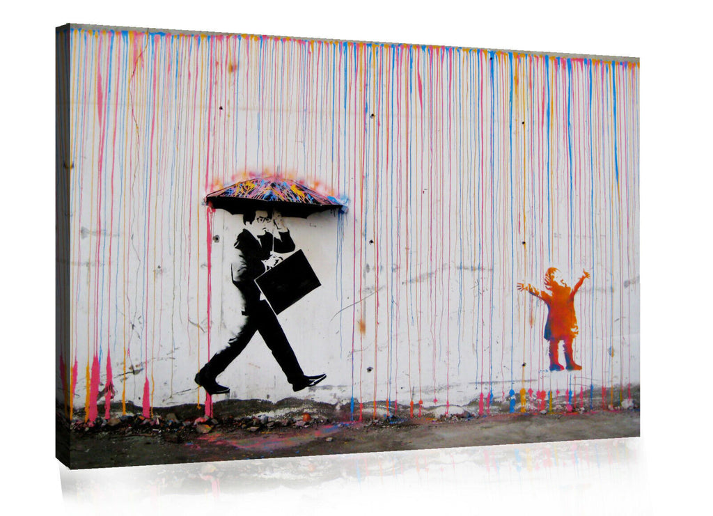 BANKSY COLOURED RAIN CANVAS WALL ART PICTURE PRINT