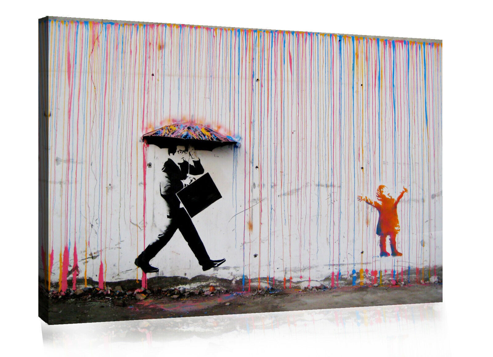 BANKSY COLOURED RAIN CANVAS WALL ART PICTURE PRINT