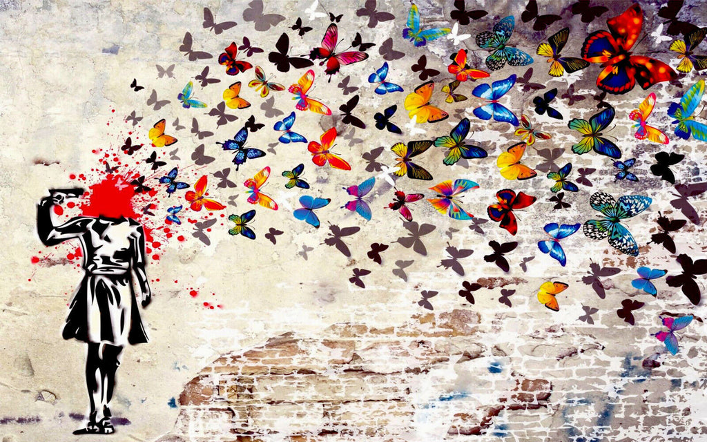 CANVAS WALL ART PRINT  GRAFFITI  BANKSY BUTTERFLY BRAINS GIRL