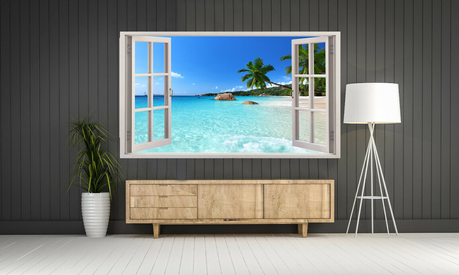Tropical Beach Landscape View 3D Window Canvas Wall Art Picture Print - 2