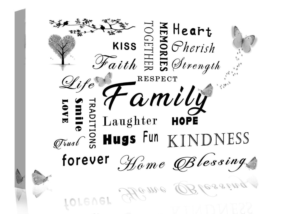 FAMILY QUOTE WORDS BLACK WHITE GREY BUTTERFLY CANVAS WALL ART Picture Print
