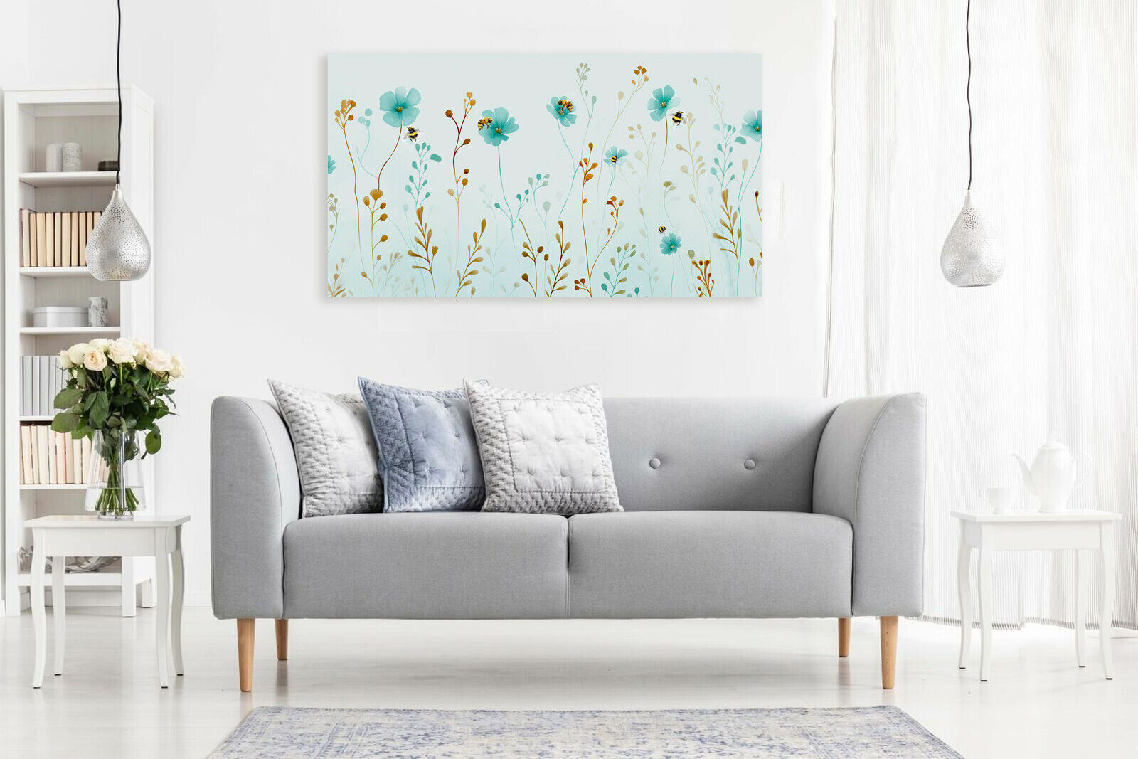 Duck Egg Blue Watercolor Floral Flowers and Bees Canvas Wall Art Picture Print