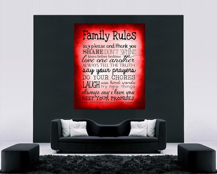 Red Family Rules Quote, Canvas Wall Art Print Picture ALL SIZES, ANY COLOUR