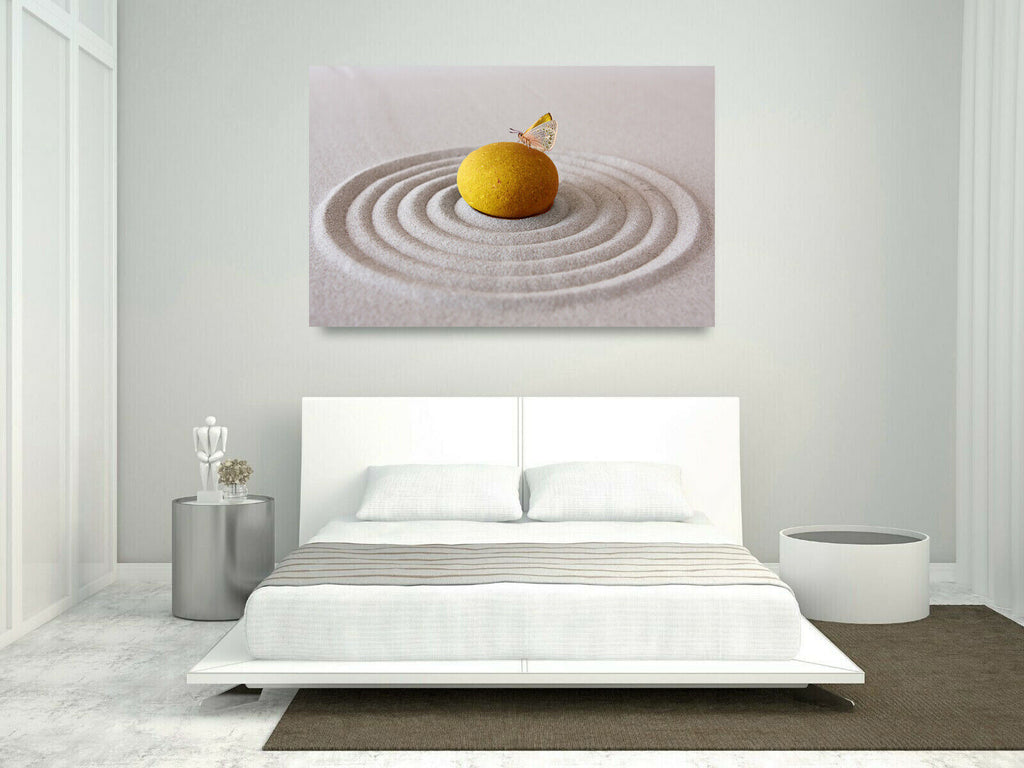 YELLOW MUSTARD ZEN PEBBLE & BUTTERFLY SAND RIPPLE Canvas Wall Art Picture Print