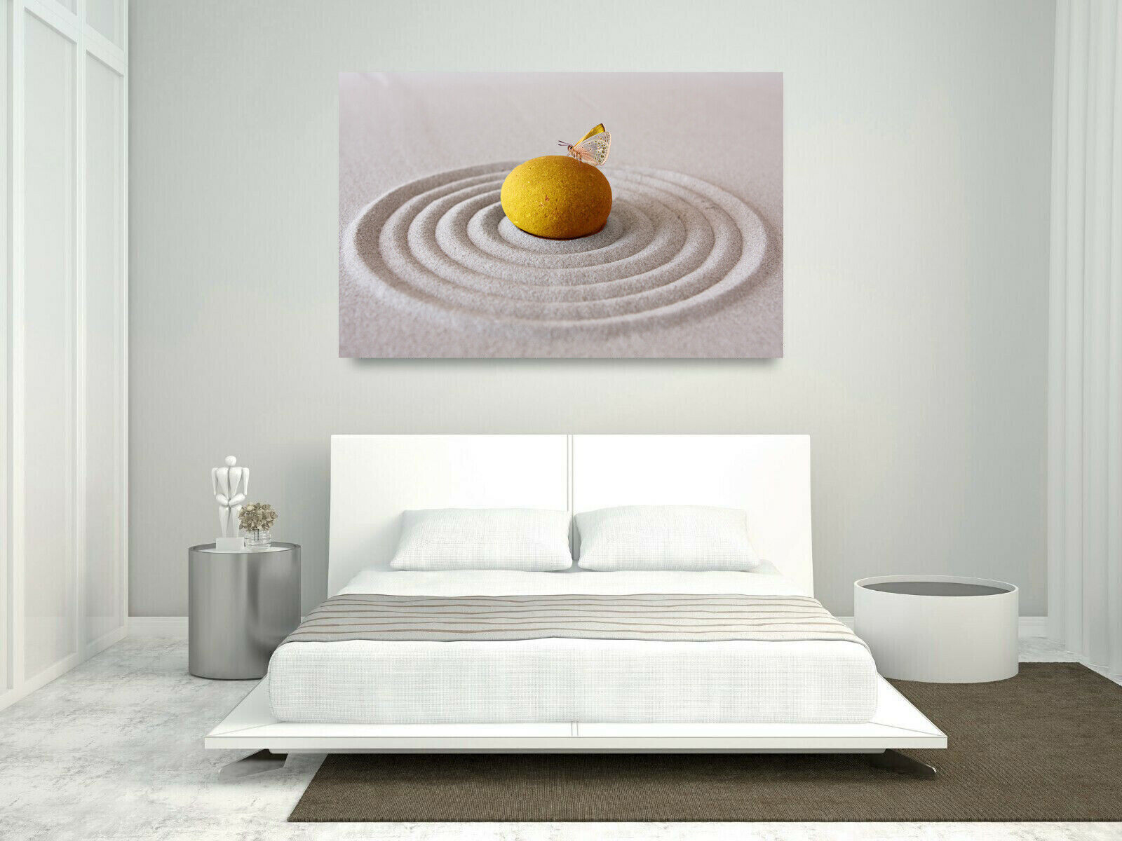 YELLOW MUSTARD ZEN PEBBLE & BUTTERFLY SAND RIPPLE Canvas Wall Art Picture Print