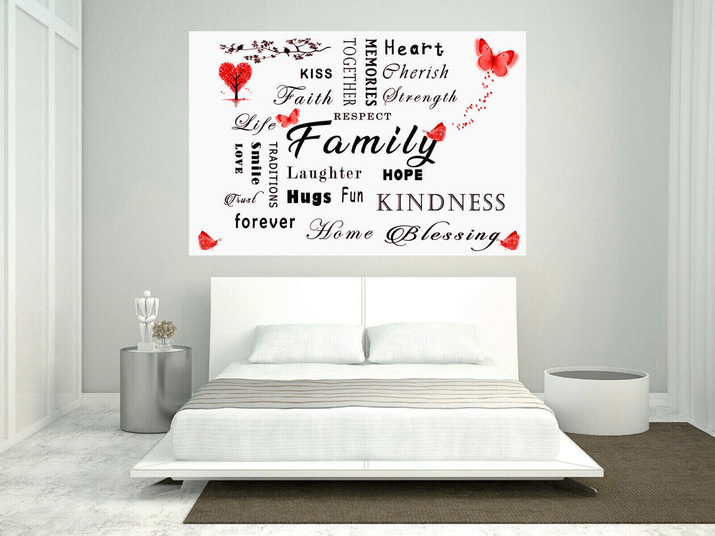 FAMILY QUOTE WORDS RED BUTTERFLY CANVAS WALL ART Picture Print