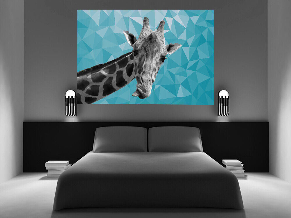 Giraffe BLACK, WHITE DUCK EGG BLUE GEO CANVAS WALL ART PRINT ARTWORK