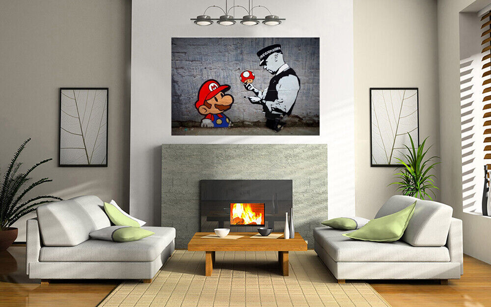 Banksy Mario with Policeman Graffiti Canvas Wall Art Picture Print
