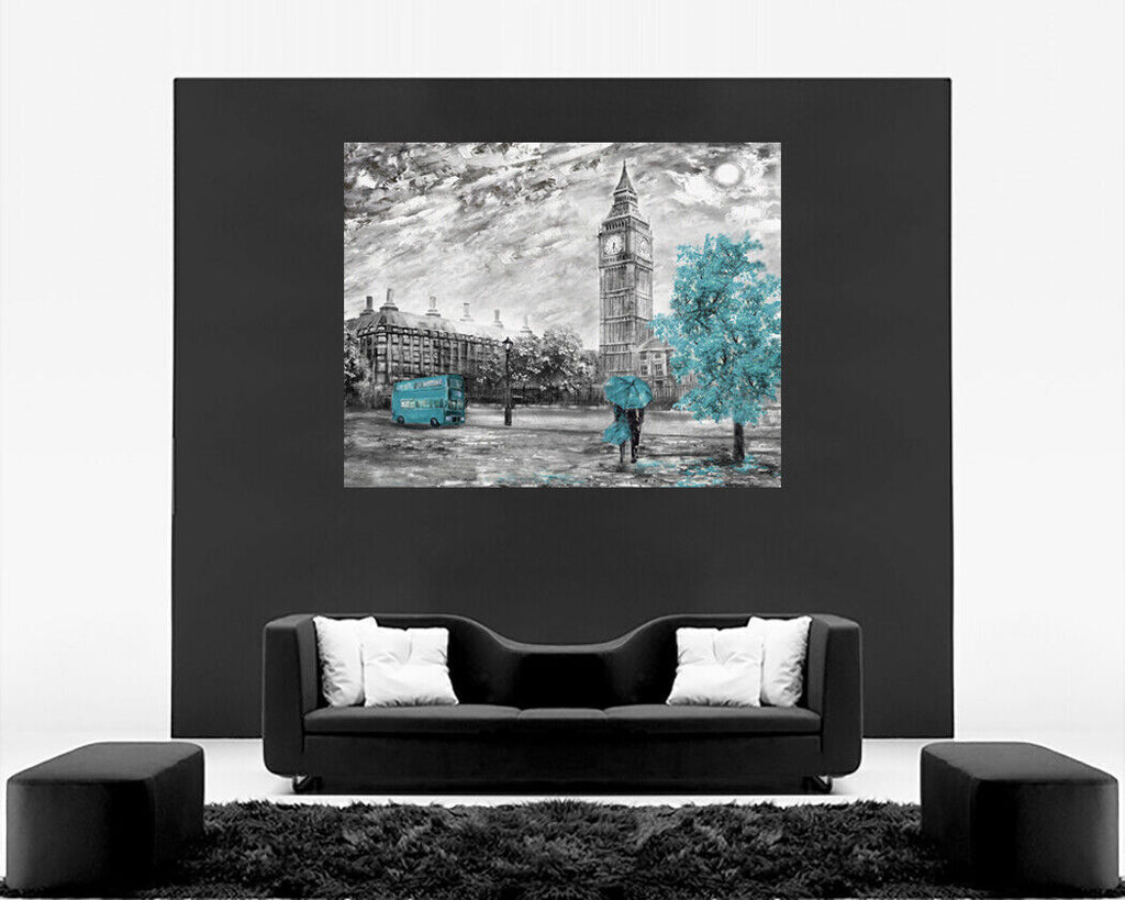 London Oil Painting Duck Egg Blue Bus Umbrella Canvas Wall Art Picture Print