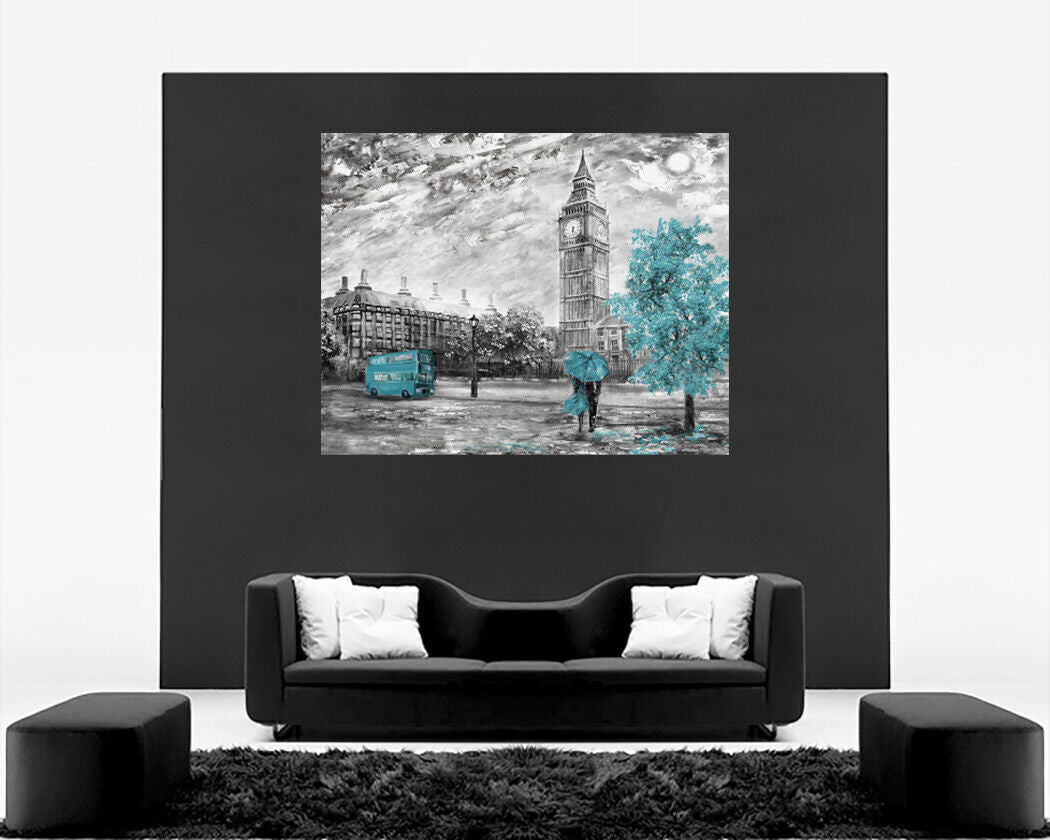 London Oil Painting Duck Egg Blue Bus Umbrella Canvas Wall Art Picture Print