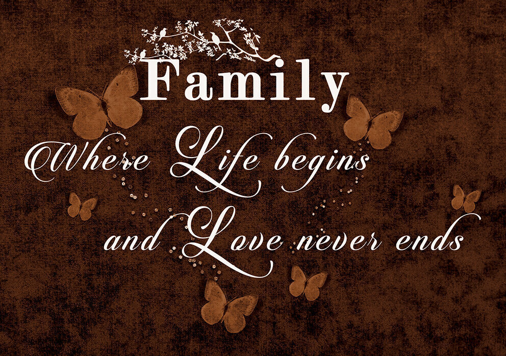 FAMILY QUOTE Where Life Begins - BROWN- Canvas Wall Art Picture Print- ALL SIZES