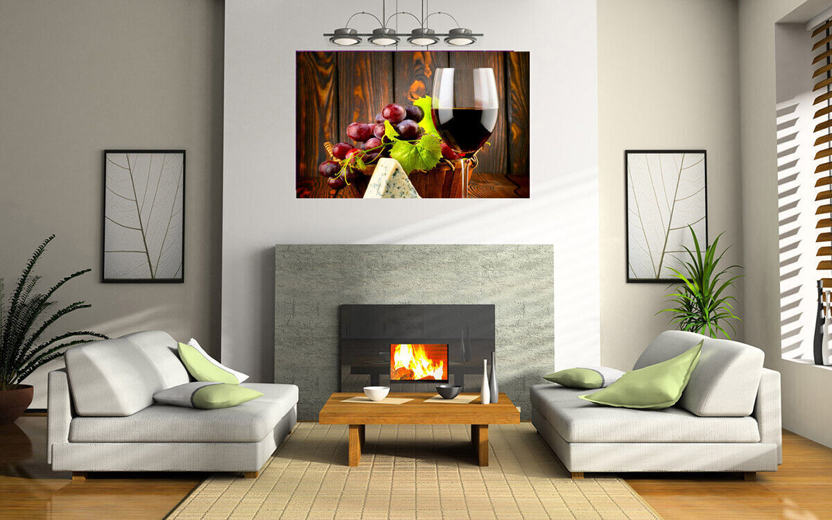 Kitchen Wine Grapes & Cheese Canvas Wall Art Picture Print