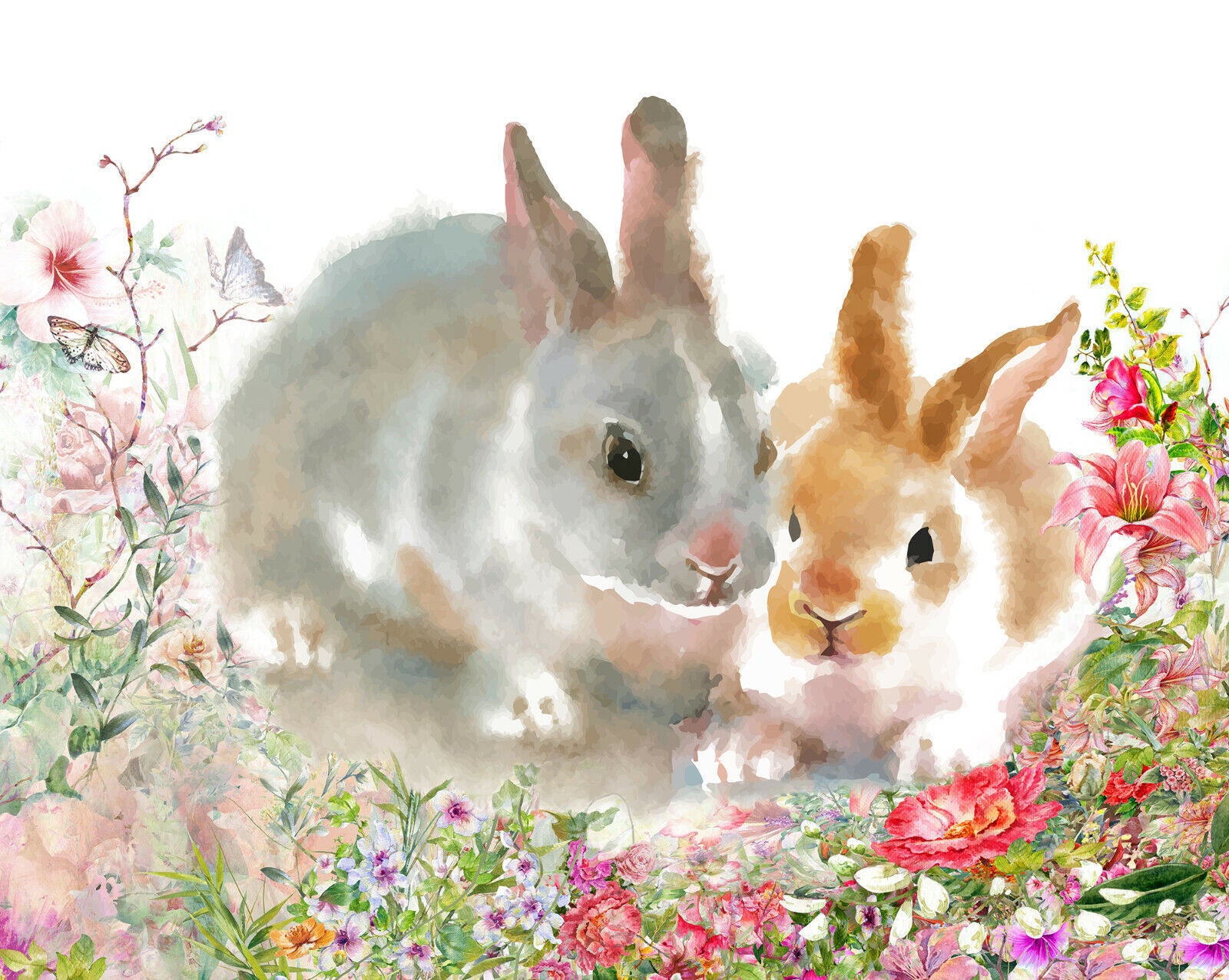 Rabbits in flowers watercolor painting Canvas Wall Art Picture Print