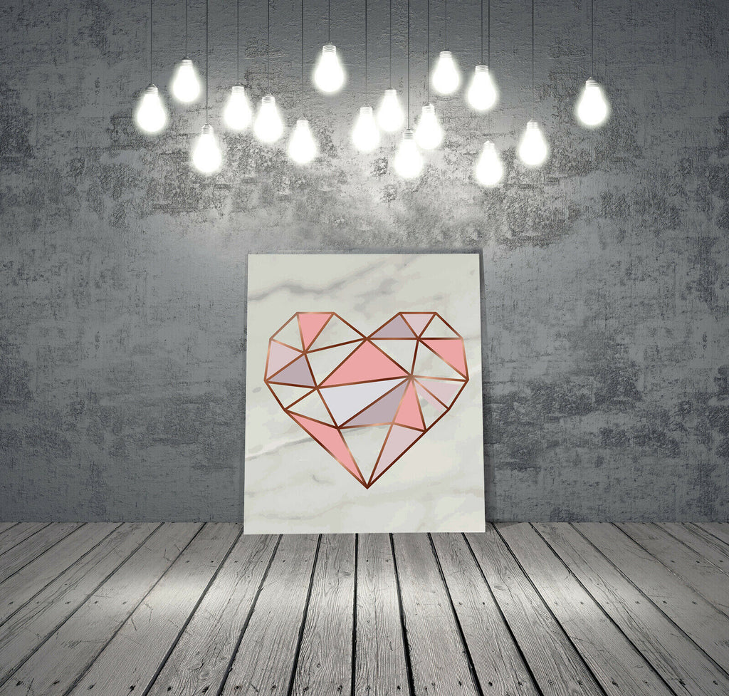 Geometric Rose Gold / Pink Heart on Grey Marble Canvas Wall Art Picture Print