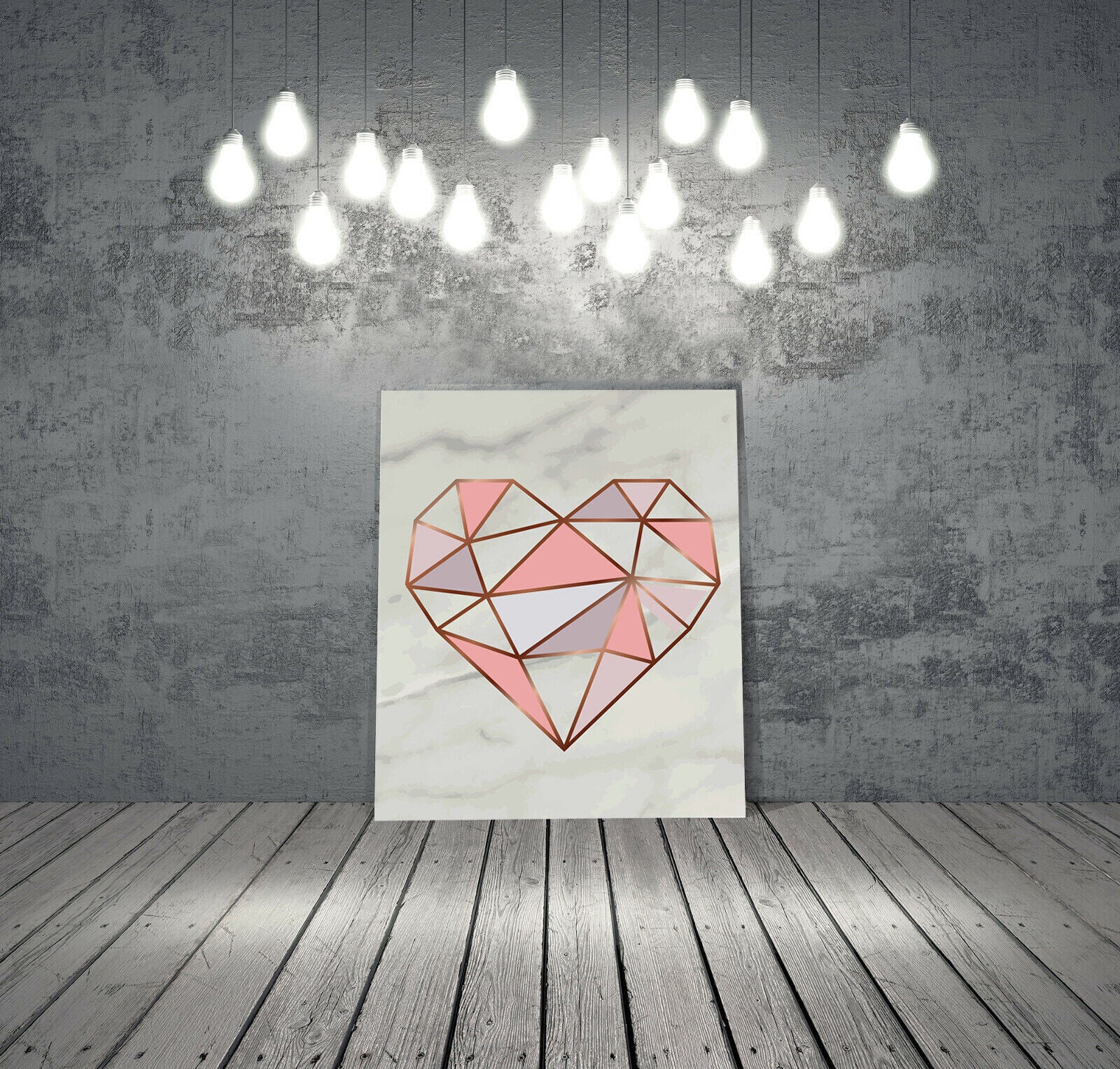 Geometric Rose Gold / Pink Heart on Grey Marble Canvas Wall Art Picture Print