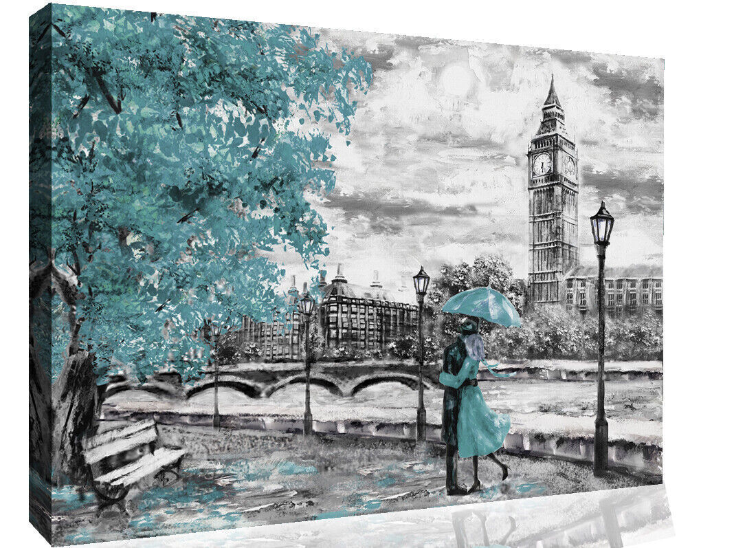 London Oil Painting Big Ben Duck Egg Blue Umbrella Canvas Wall Art Picture Print