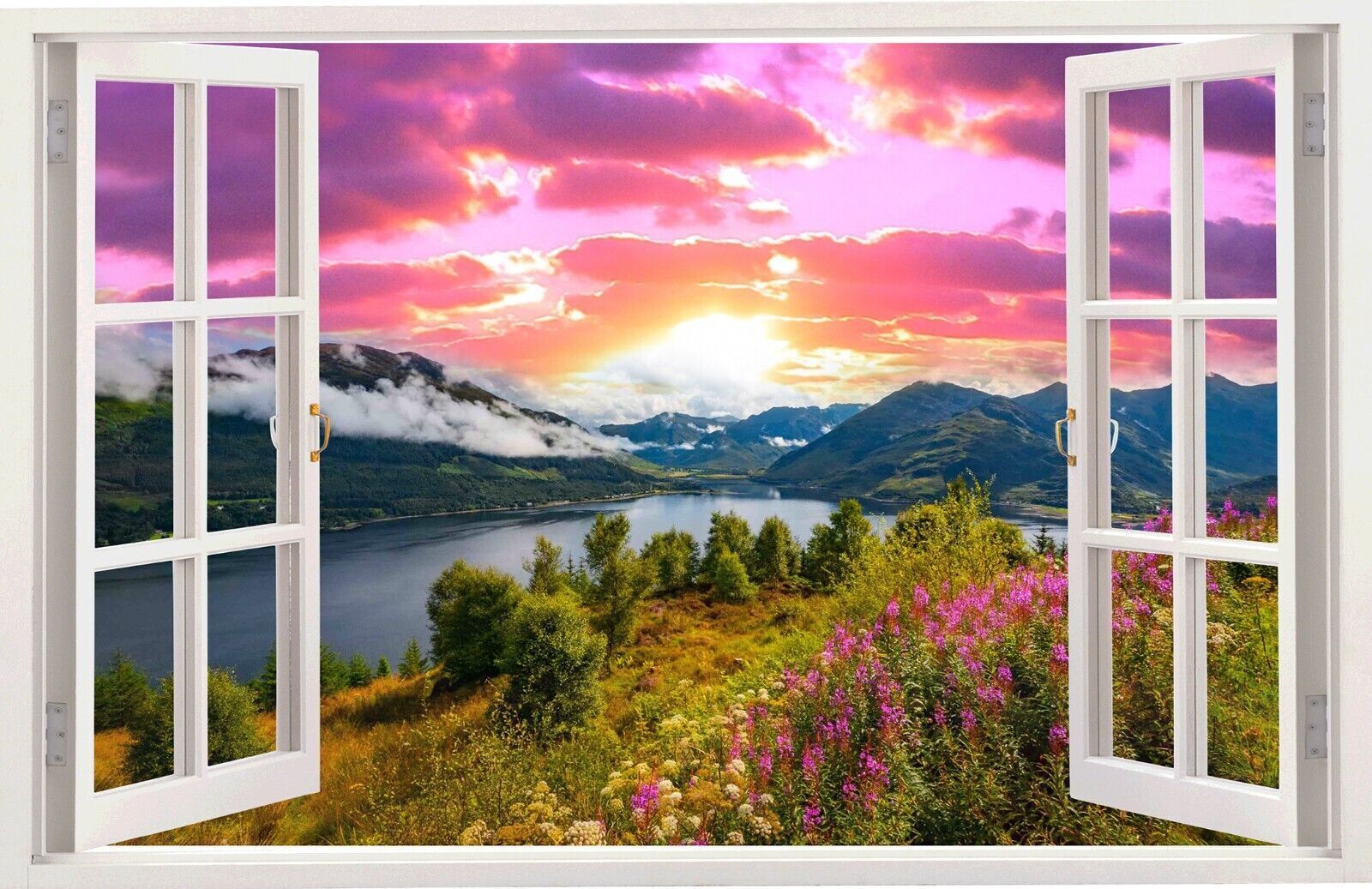 SCOTTISH LAKE SUNSET SCENE VIEW THROUGH WINDOW CANVAS WALL ART Picture Print