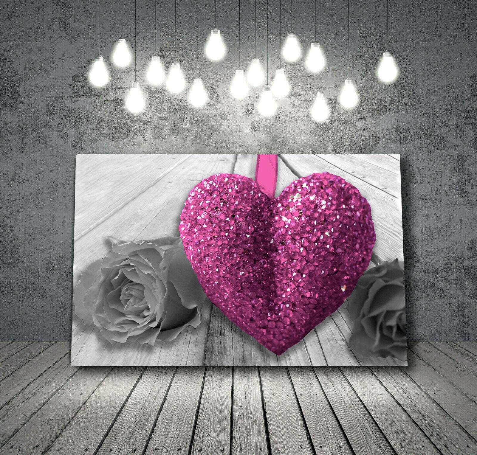 Pink Heart & Rose Flower on grey wood Canvas Wall Art Picture Print