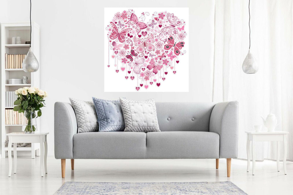 Pink Heart of Butterflies Abstract 100% Cotton Canvas Wall Art Picture Print