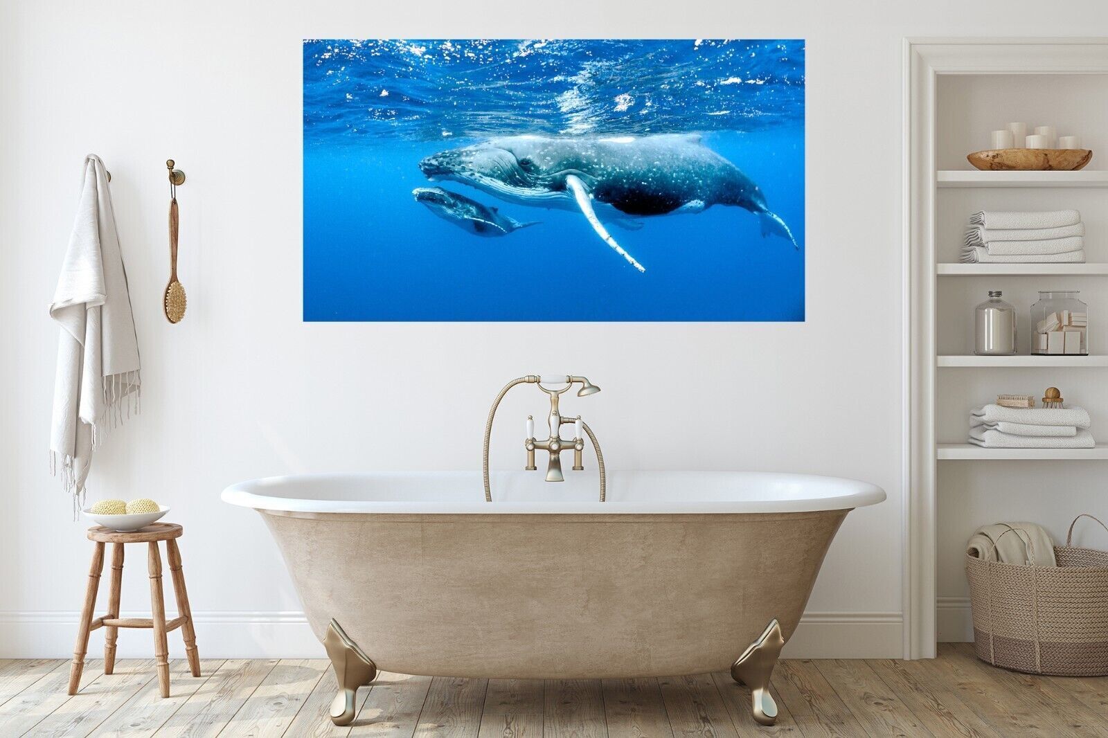 Humpback Whale and Calf Bathroom Blue Canvas Wall Art Picture Print