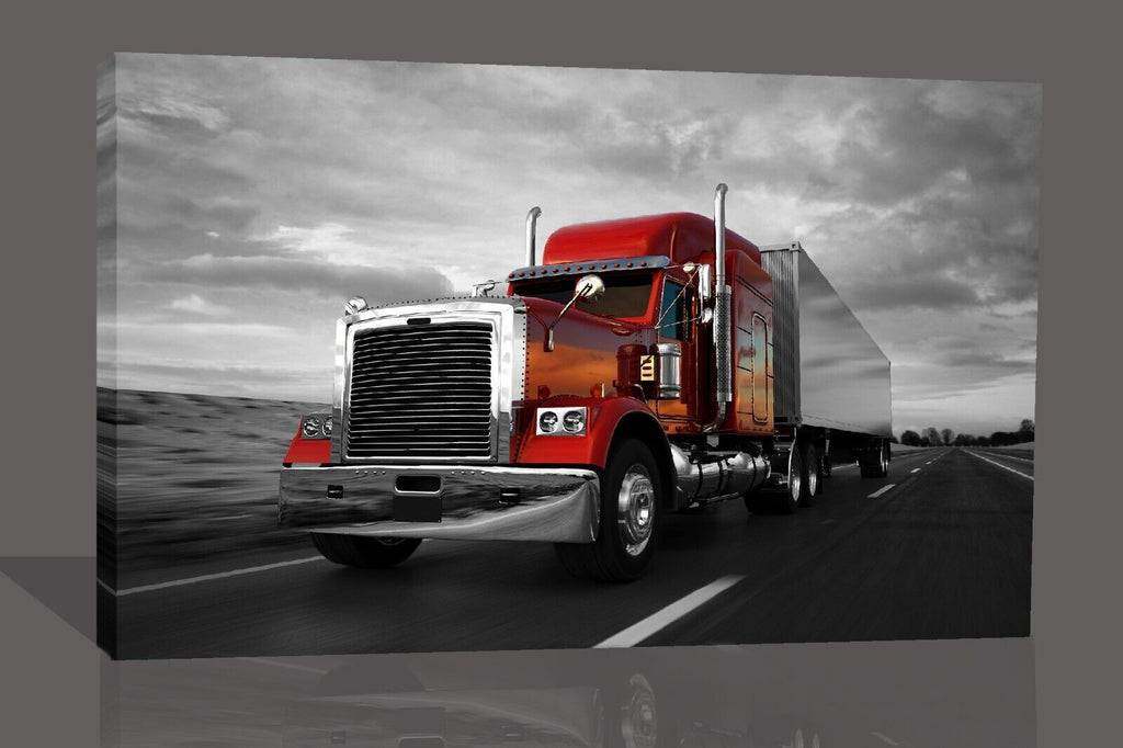 Red Black White Truck on Road Canvas Wall Art Picture Print