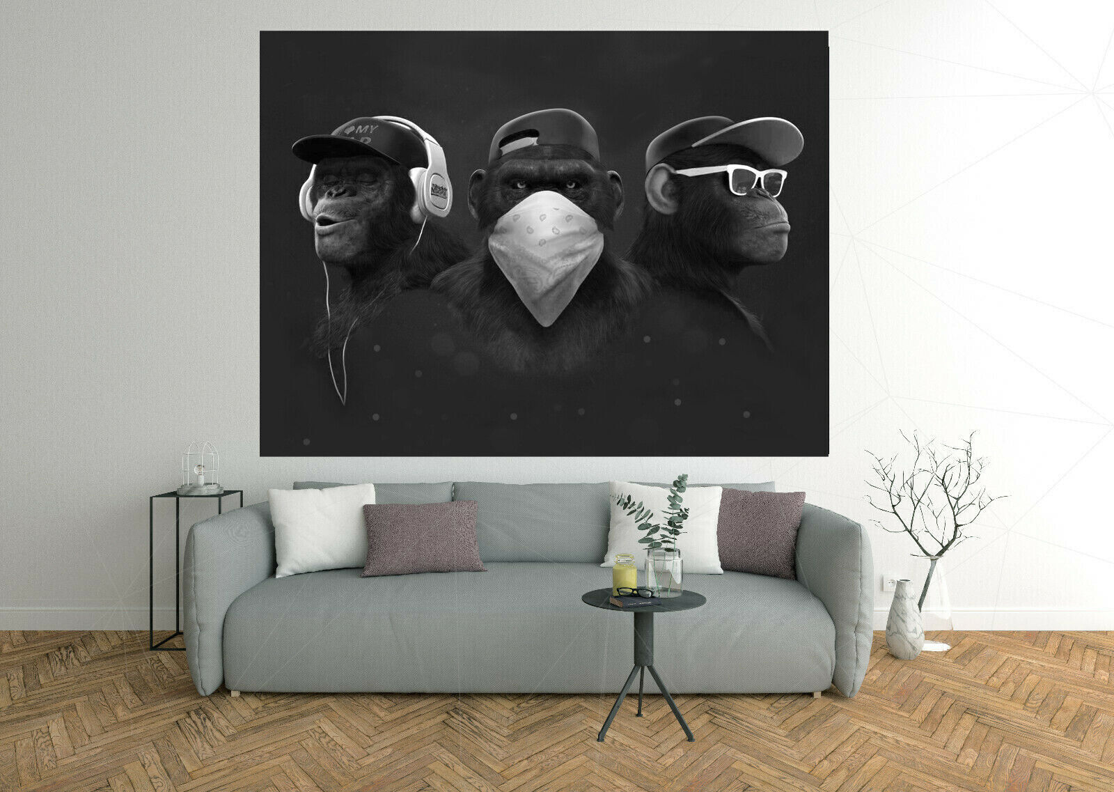 Black & white 3 Modern Wise Swag Monkeys Abstract Canvas Wall Art Picture Print