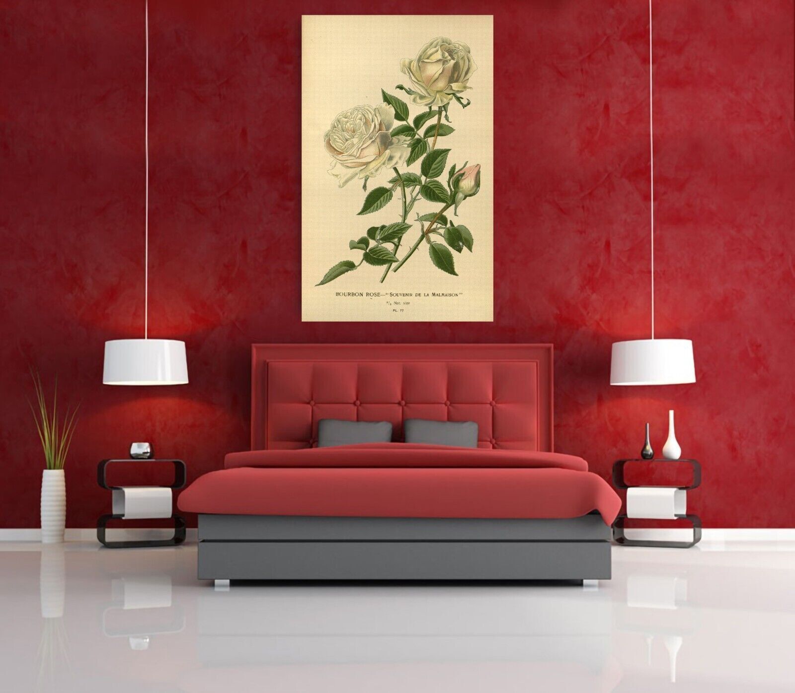 Vintage Bourbon Rose Floral Flowers Illustration CANVAS WALL ART Picture Print