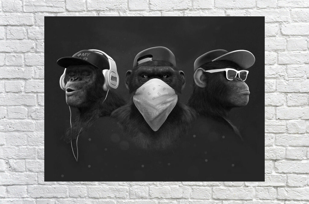 Black & white 3 Modern Wise Swag Monkeys Abstract Canvas Wall Art Picture Print