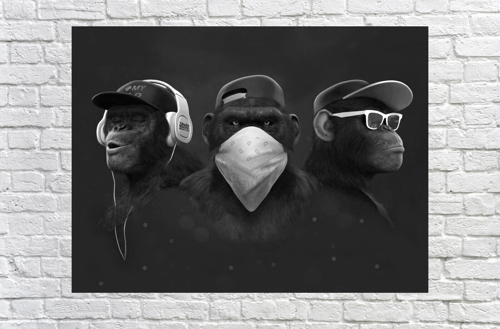 Black & white 3 Modern Wise Swag Monkeys Abstract Canvas Wall Art Picture Print