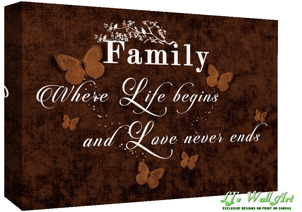 FAMILY QUOTE Where Life Begins - BROWN- Canvas Wall Art Picture Print- ALL SIZES