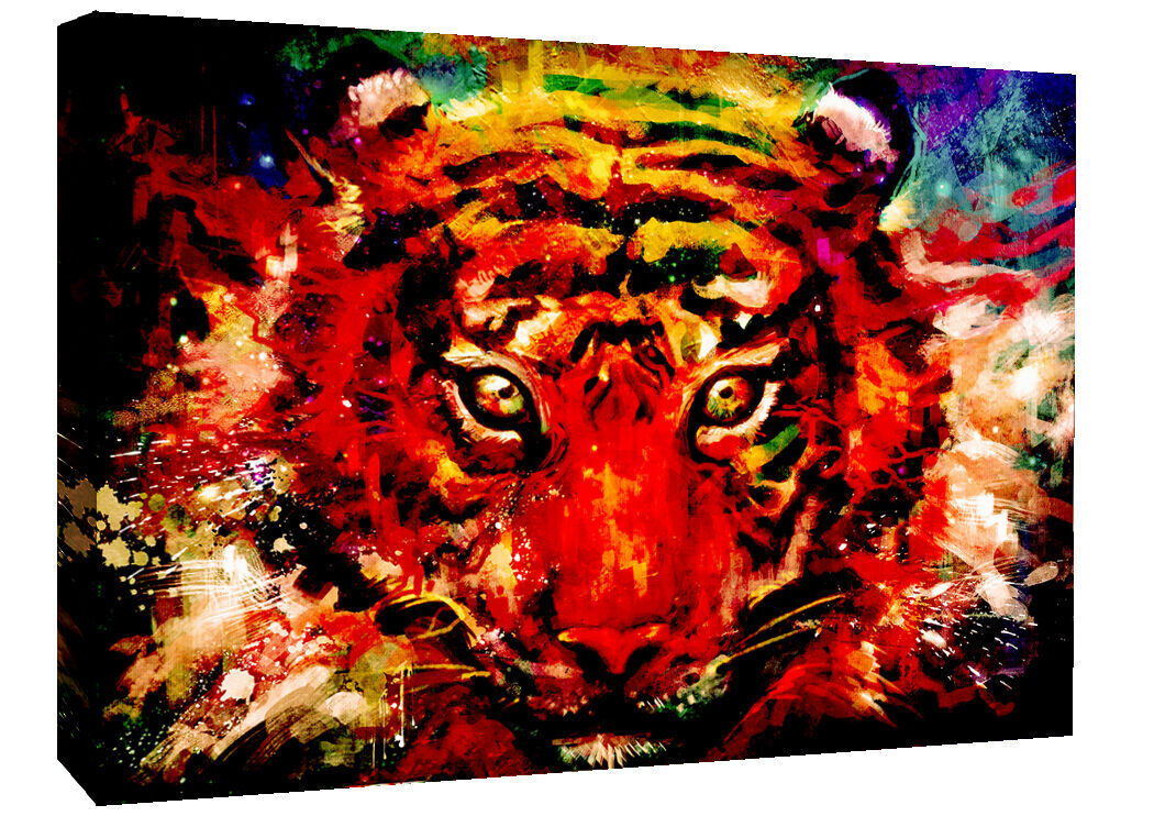 Multi Coloured Abstract Tiger Animal Canvas Wall Art Picture Print