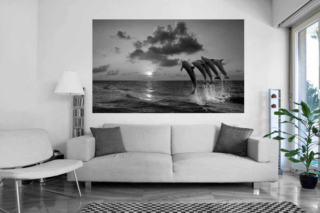 Black & White Sunset With Dolphins Jumping in Sea Canvas Wall Art Picture Print
