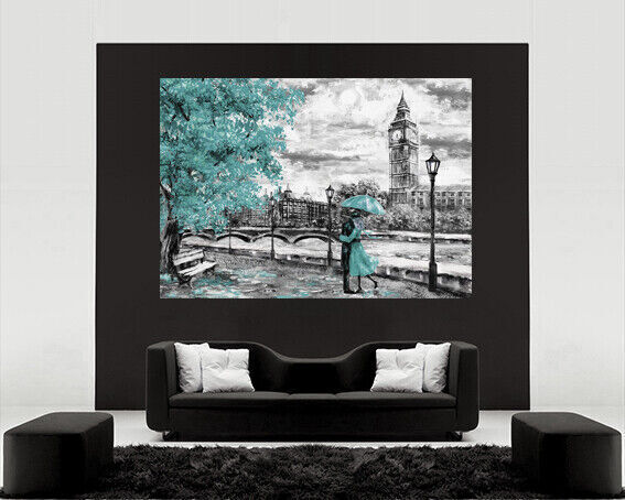 London Oil Painting Big Ben Duck Egg Blue Umbrella Canvas Wall Art Picture Print