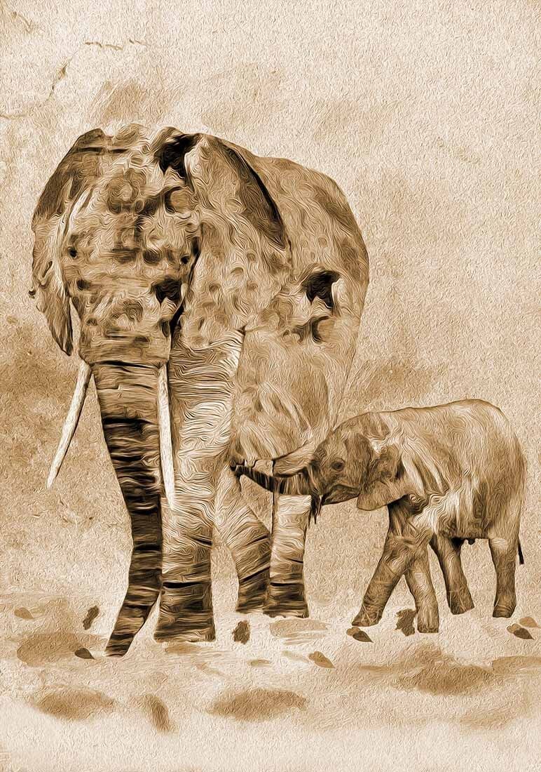 Brown / Sepia Tones Elephant & Baby Canvas Wall Art Picture Print - A0, A1, A2