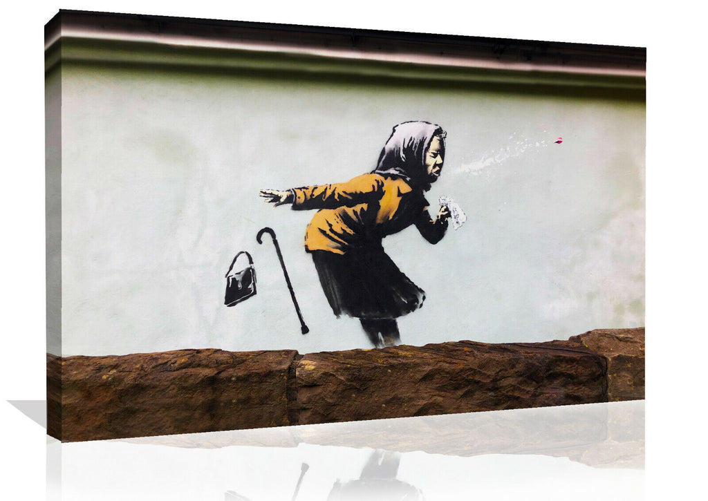 Banksy Elderly Woman Sneezing Graffiti Canvas Wall Art Picture Print  Brown Grey