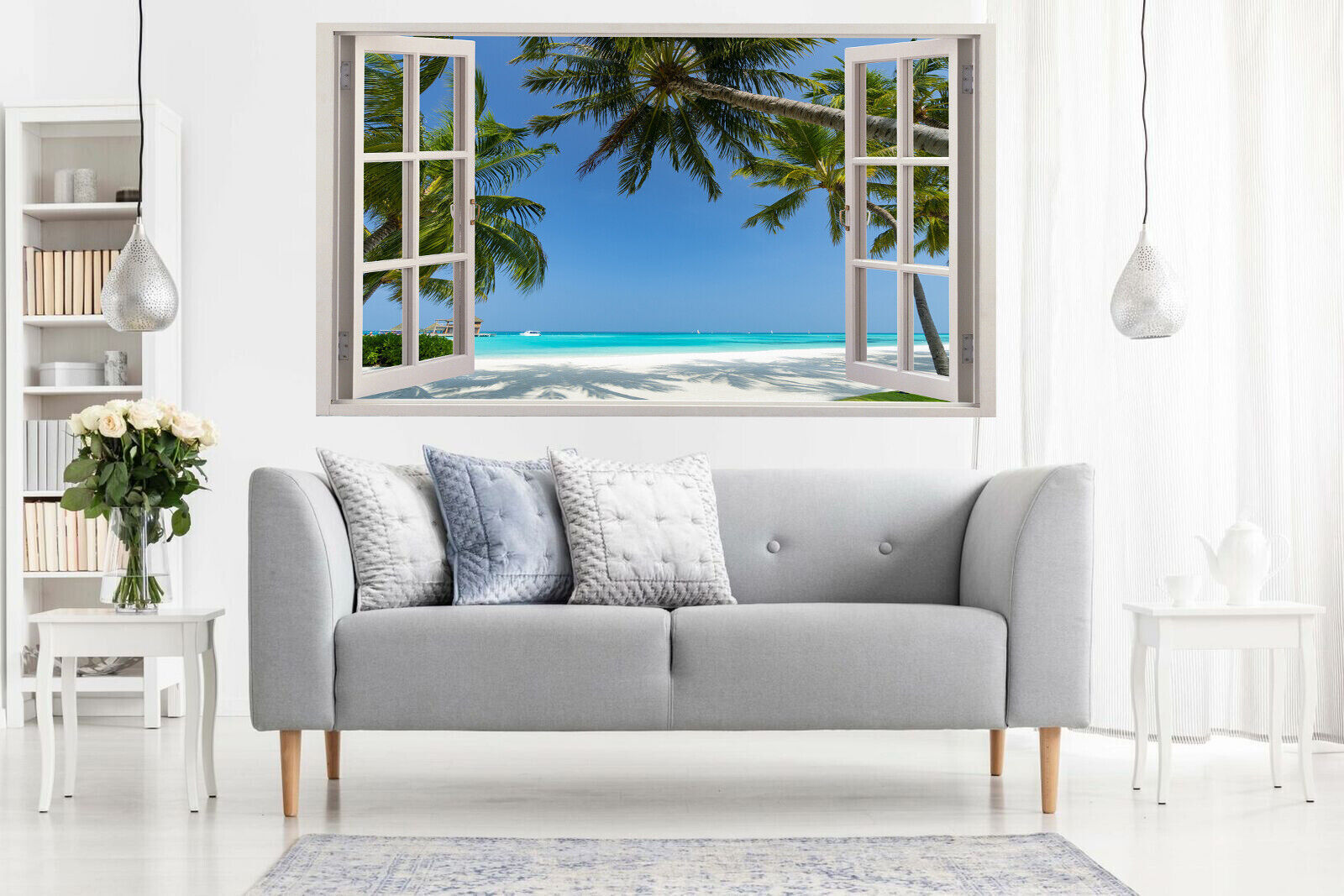 Maldives Tropical Beach View 3D Window Effect Canvas Wall Art Picture Print