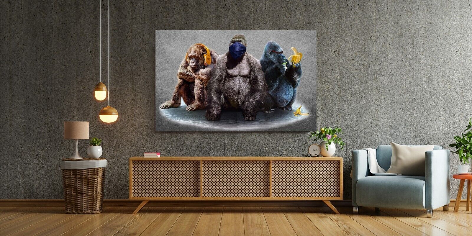 Grey 3 Modern Wise Gorillas Abstract Canvas Wall Art Picture Print